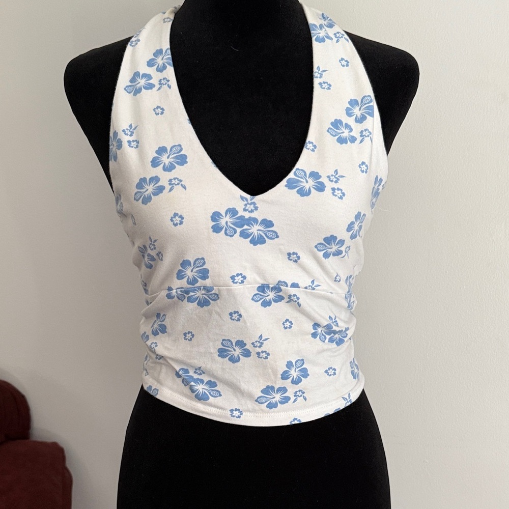 Hollister white with Blue Floral halter top.  Summer vibe festival wear.